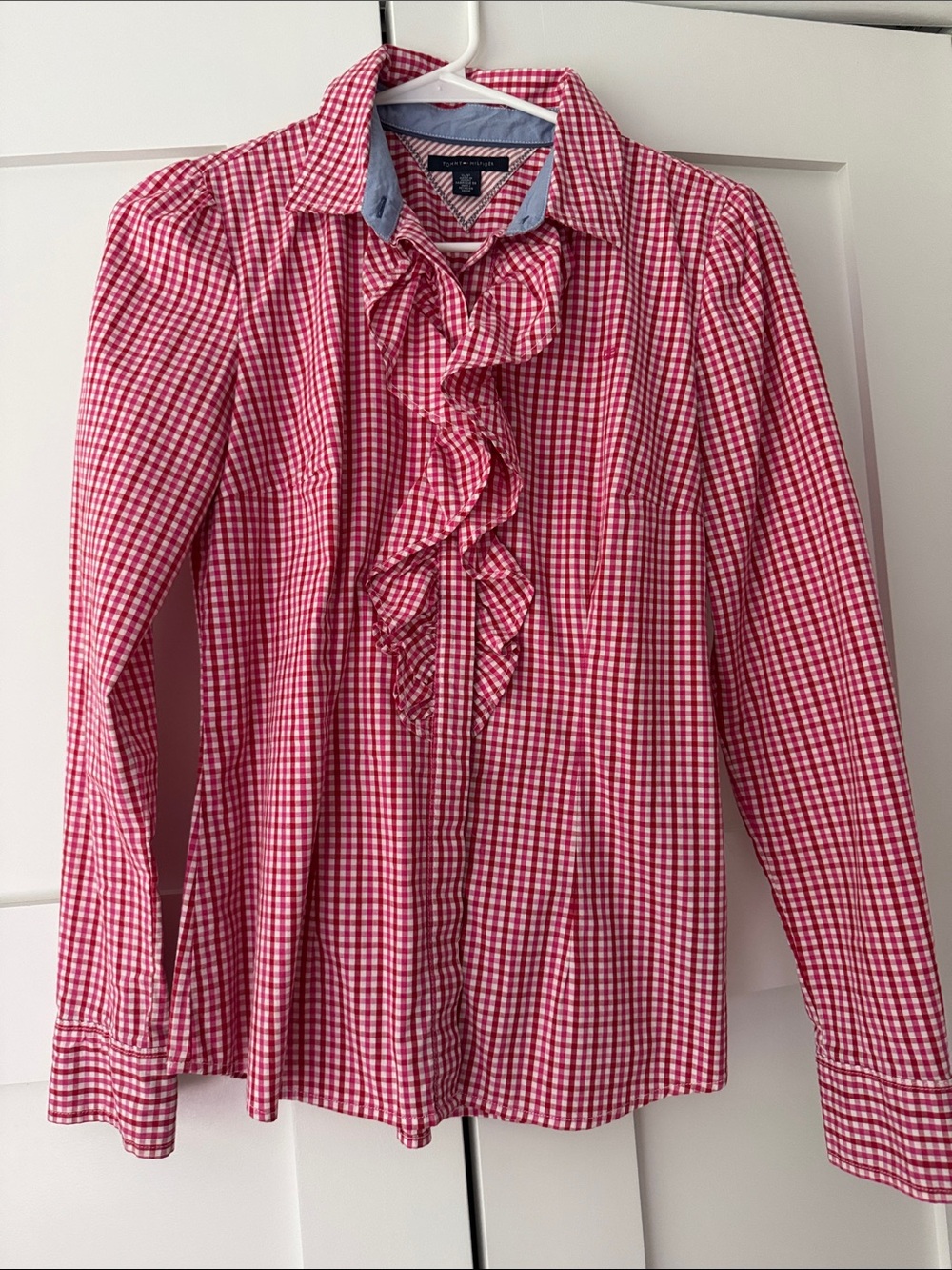 Tommy Hilfiger Red and White Gingham Ruffle Front Blouse